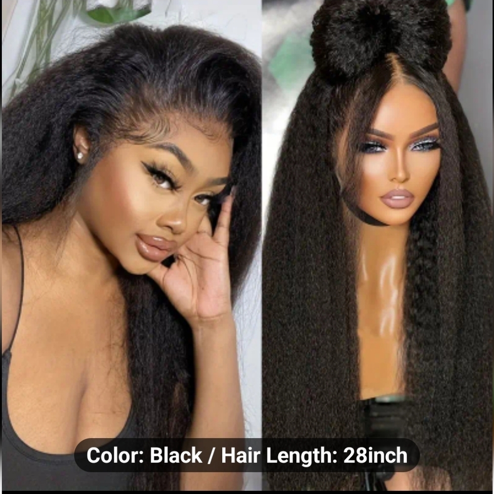 NEW BLACK KINKY STRAIGHT LACE FRONT WIG 28" LONG